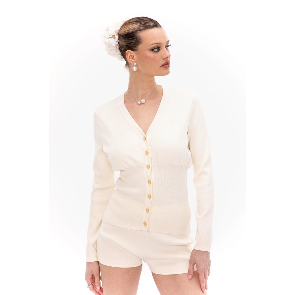 Nana Jacqueline Cinched Waist Cardigan V-Neck Button Up Cream Size S